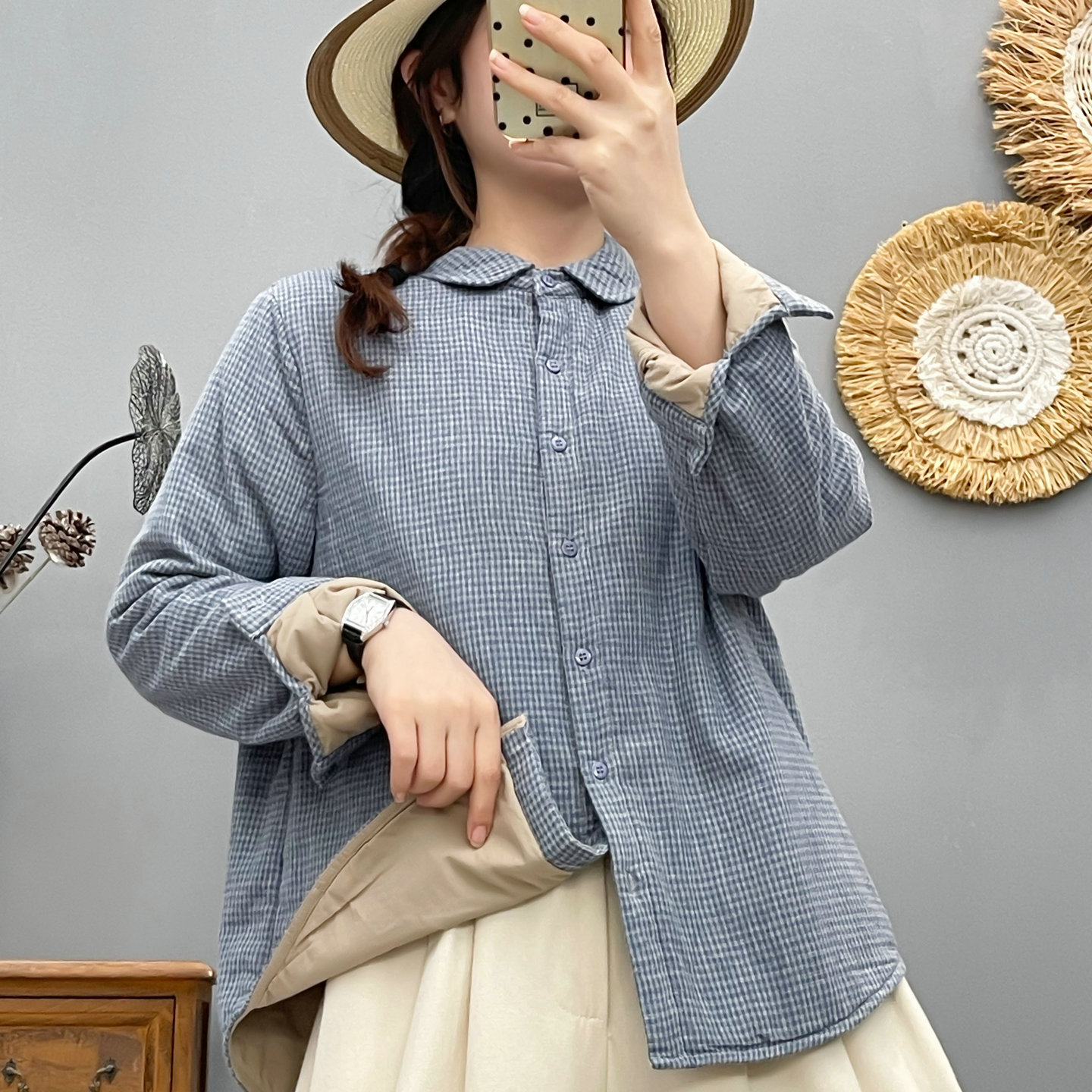 复古加厚夹棉长袖格子衬衫外套女2025秋冬季宽松显瘦保暖纯棉衬衣