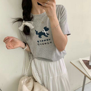 ins时尚 韩版 新款 减龄小狗印花圆领短袖 休闲百搭上衣 T恤女2024夏季