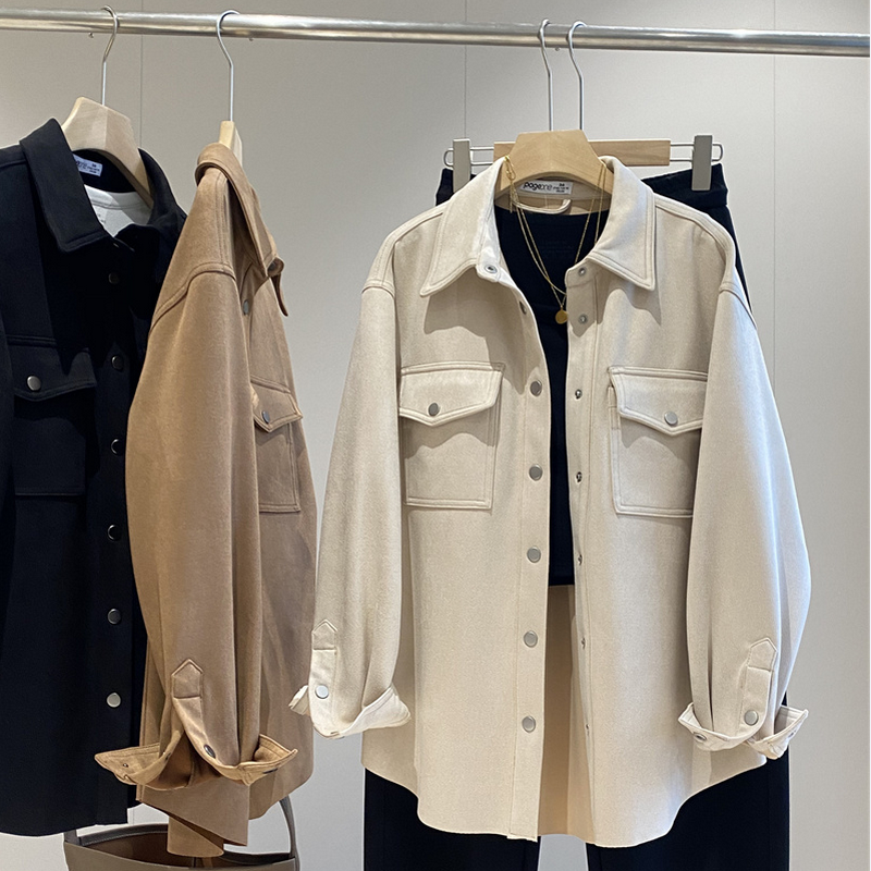 40欧！外贸女装！2025春新款麂皮绒衬衫外套女单排扣宽松显瘦上衣