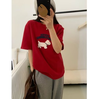 毛巾绣贴布小狗圆领短袖T恤女！2025春夏ins风宽松显瘦打底衫上衣