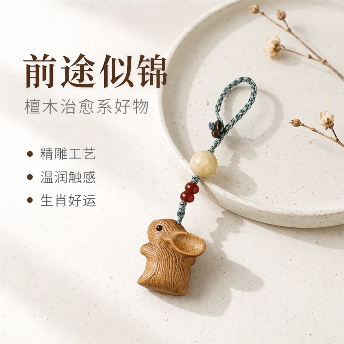 前途似锦檀木手机挂件呆萌可爱生肖小兔子卡通新年汽车钥匙扣包包
