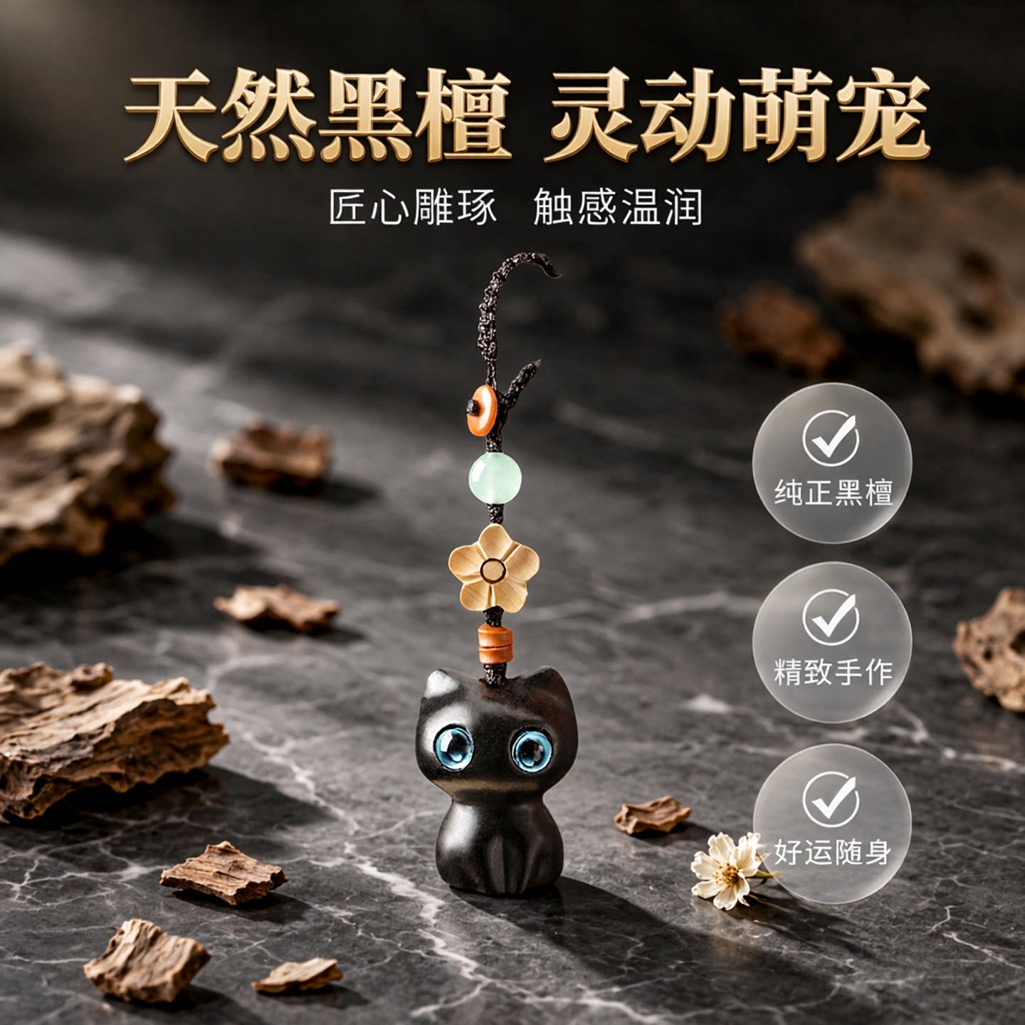 黑檀木猫咪汽车钥匙扣挂件男女情侣可爱手机链吊坠绳创意饰品