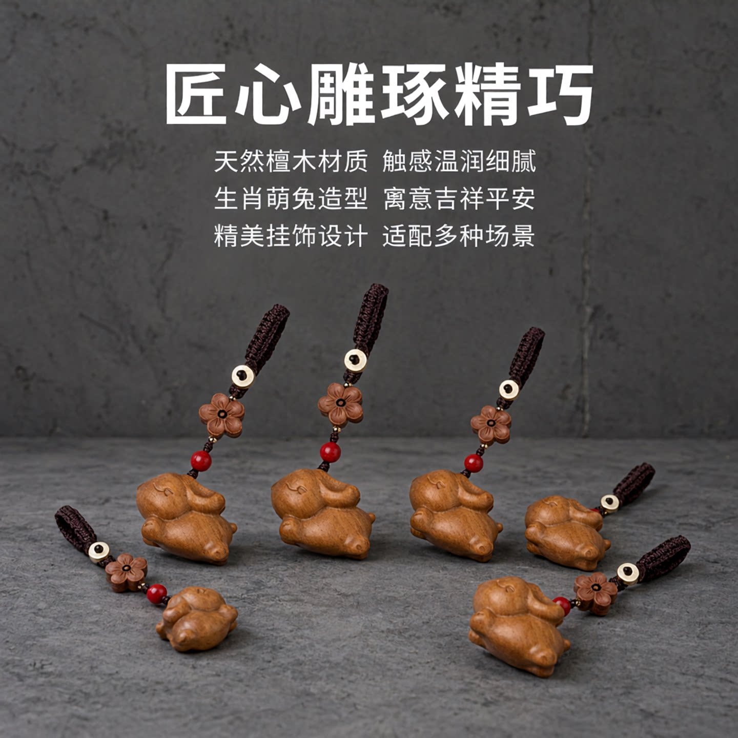 檀木可爱生肖兔子钥匙扣挂件本命年挂饰桃木男女手机链吊坠礼