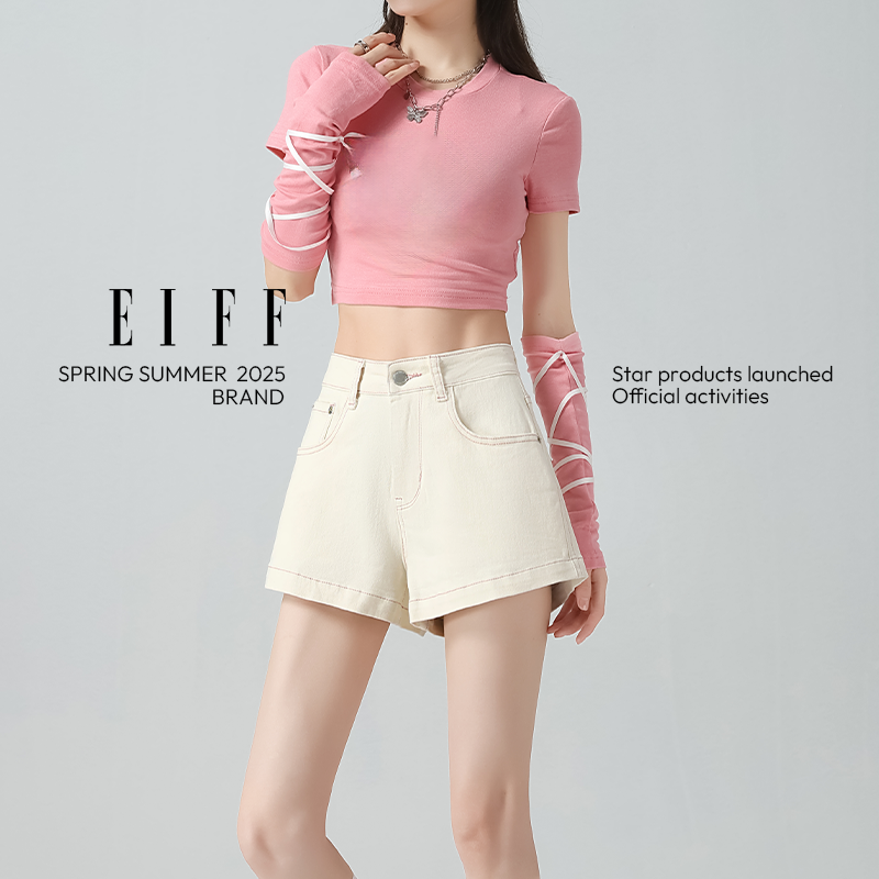 「EIFF」夏季牛仔短裤女士白色柔软高腰显瘦直筒凉感百搭女生裤子