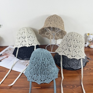 遮阳防晒帽透气显脸小水桶帽 日系镂空针织系带渔夫帽子女春夏新款