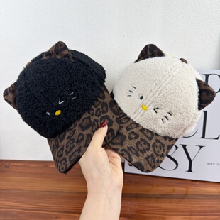 可爱豹纹帽子冬季猫咪耳朵羊羔毛绒棒球帽女加厚保暖毛绒鸭舌帽子