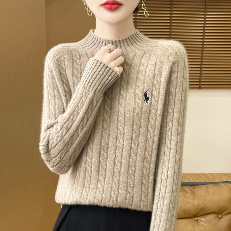 100%纯羊毛衫女式秋冬季新款半高领加厚毛衣女上衣针织打底衫刺绣