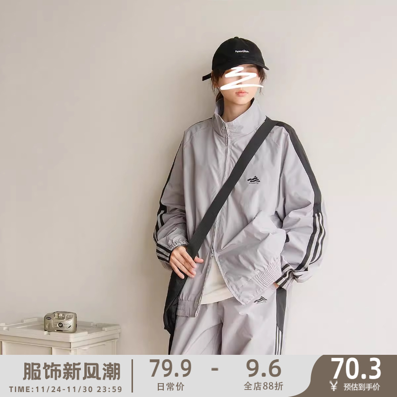 苏打汽水工作室春季新款青春休闲百搭夹克男女款时尚印花套装外套