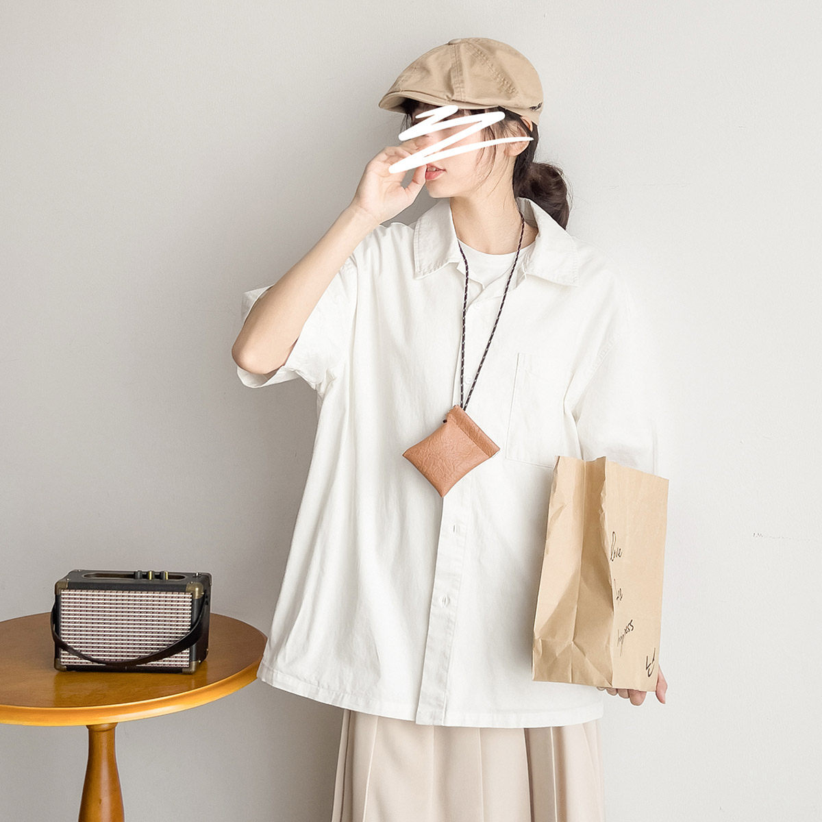 苏打汽水工作室夏季日系纯色宽松休闲通勤百搭情侣款短袖衬衫潮