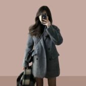 韩版 宽松呢子外套女 小个子高级感中长款 气质毛呢西装 外套女秋冬季