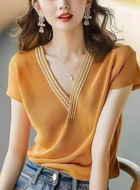 法式橙色v领条纹短袖冰丝针织t恤女夏季独特超好看别致绝美小上衣