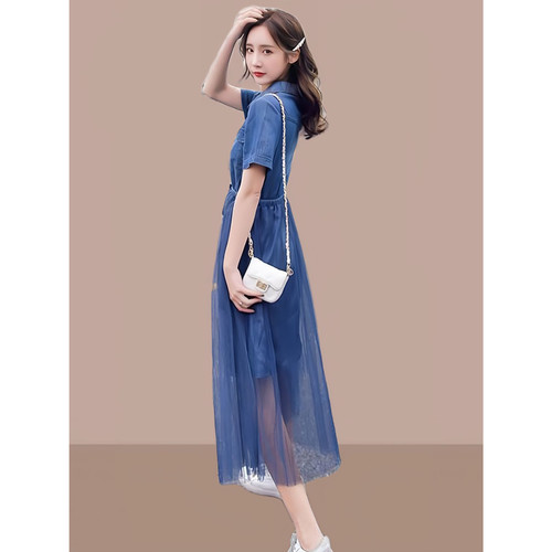 夏季韩版遮肚显瘦小众设计感桔梗裙子女2026新款网纱拼接连衣裙女