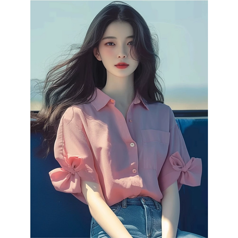 粉色蝴蝶结翻领短袖衬衫女夏季独特超好看上衣设计感绝美气质衬衣