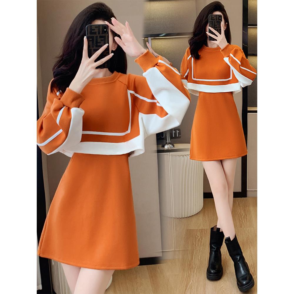 拼接撞色假两件连衣裙女秋装2025年洋气减龄中长款休闲运动卫衣裙