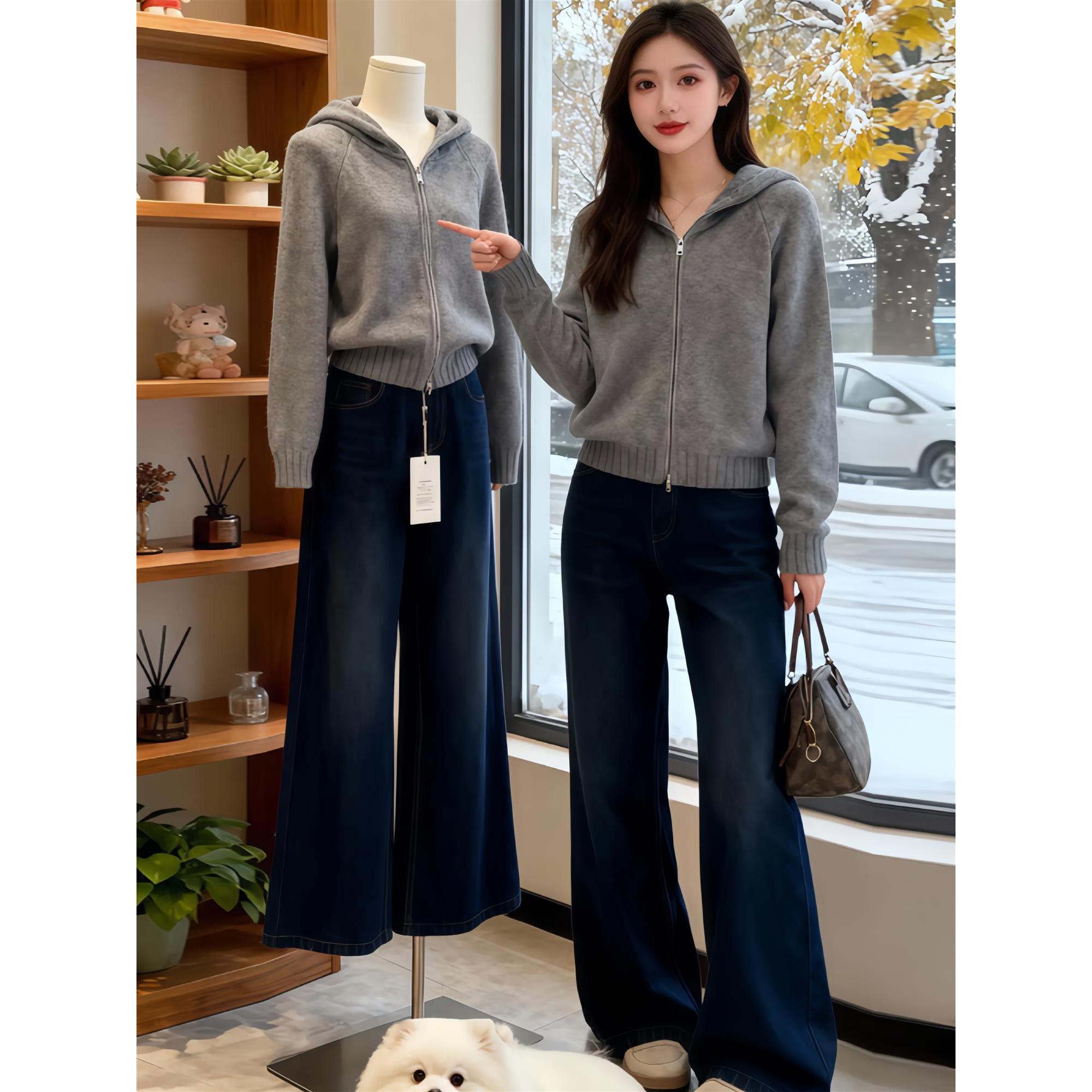 简约风纯色连帽加厚拉链开衫女秋冬新款韩版百搭宽松显瘦针织上衣