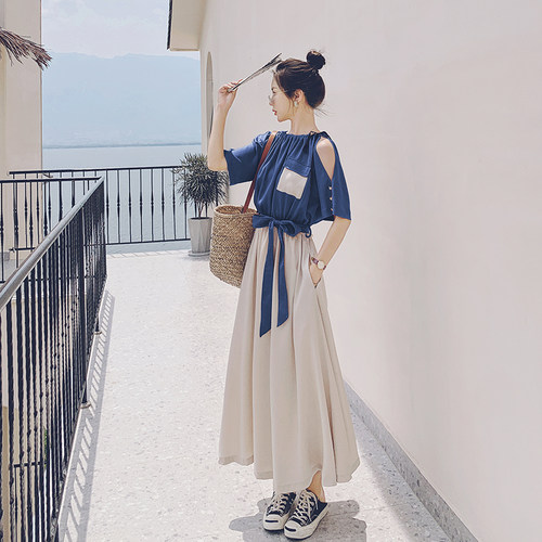 蓝色假两件连衣裙女2025夏季新款法式气质设计感小众到及脚踝长裙