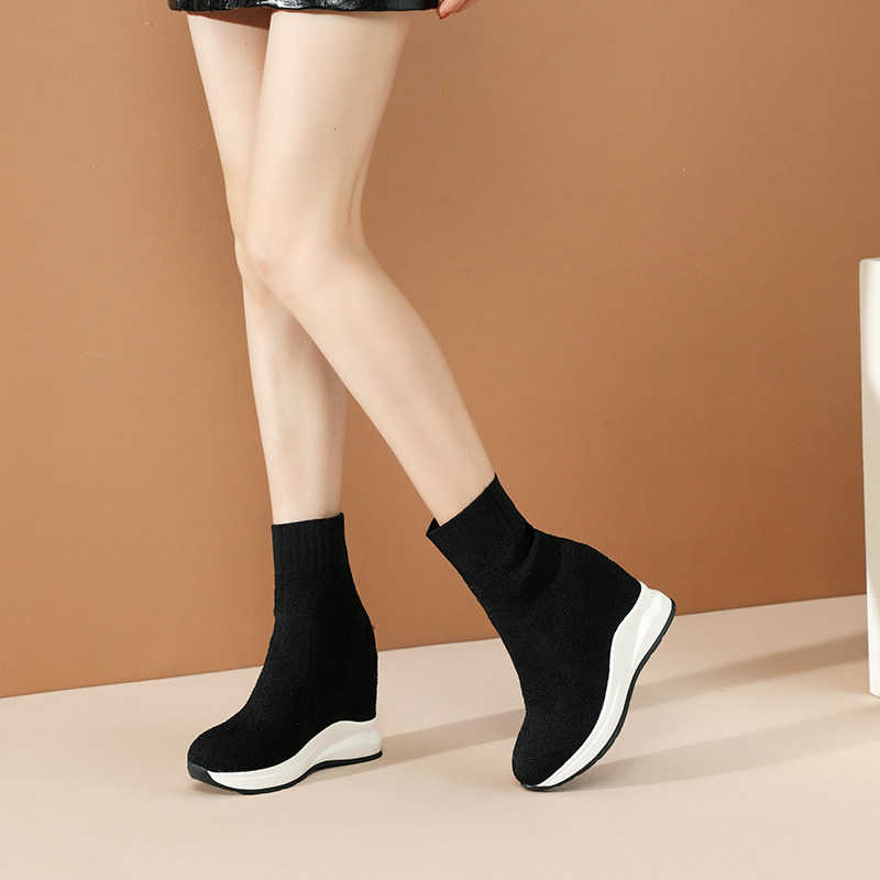 AUTUMN AND WINTER FLYING WEAVING INNER HEIGHT INCREASE 10CM ELASTIC BOOTS WOMENS SOCKS BOOTS THICK BOTTOM SLIM SHORT BOOTS HIGH HEEL WOMENS BOOTS KOREAN STYLE TRENDY
