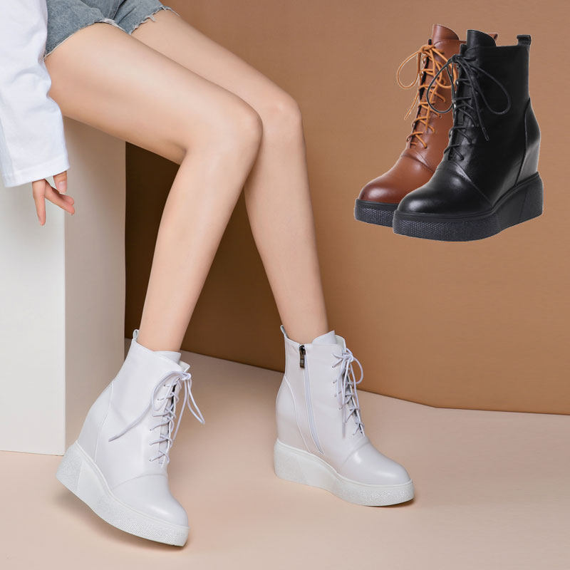MENG QI AUTUMN AND WINTER NEW LEATHER THICK BOTTOM INCREASED 10CM SHORT BOOTS WOMENS HIGH HEEL WEDGE CASUAL MARTIN BOOTS SINGLE BOOTS