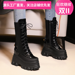 秋冬季 12cm内增高中筒马丁靴女亮面漆皮厚底小个子侧拉炼显瘦女靴