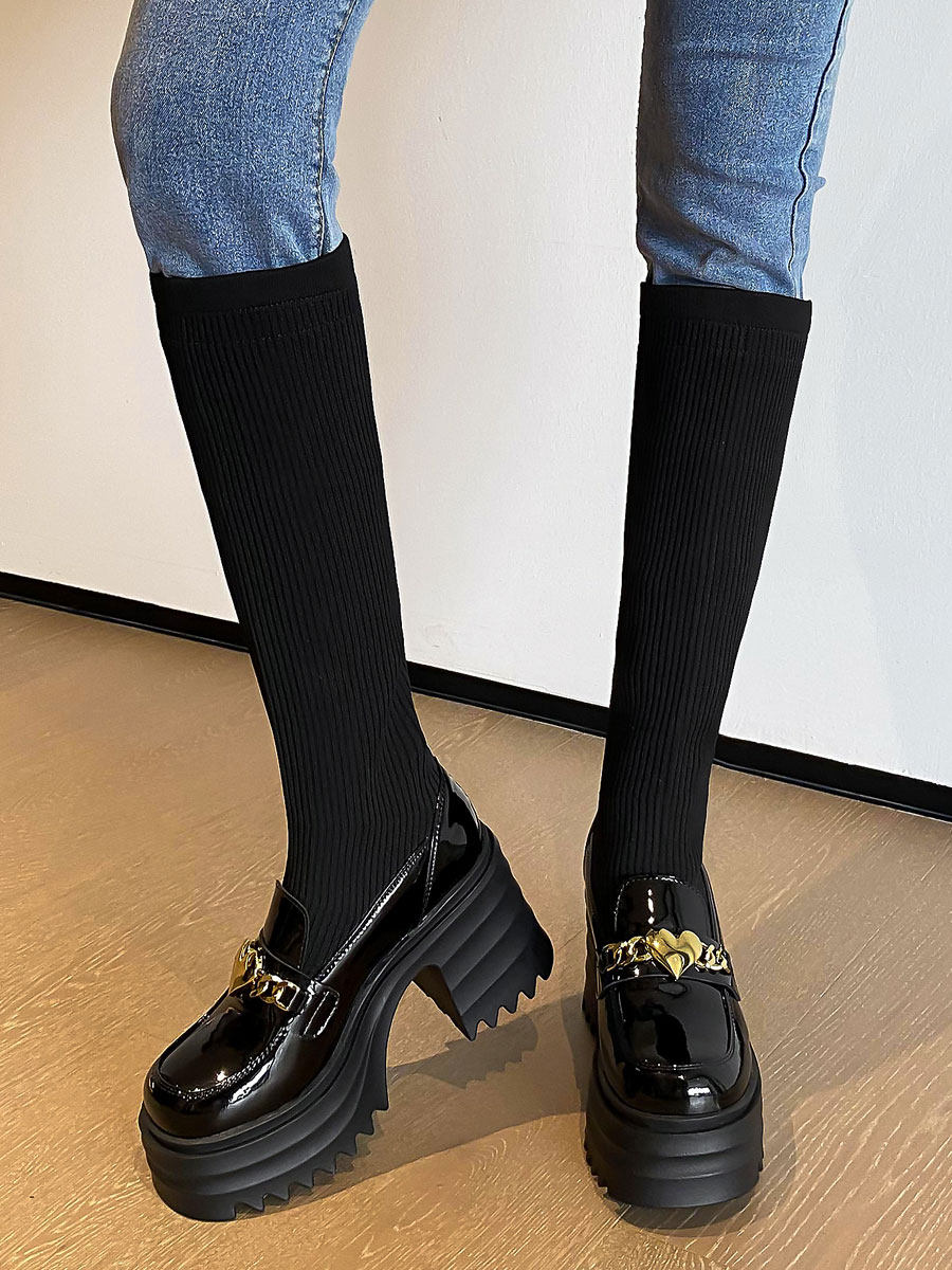 LEATHER HIGH HEEL 10CM STRETCH BOOTS KNITTED SOCK BOOTS FOR SMALL PEOPLE AUTUMN AND WINTER BOOTS SKINNY THICK SOLES BLACK HIGH BOOTS