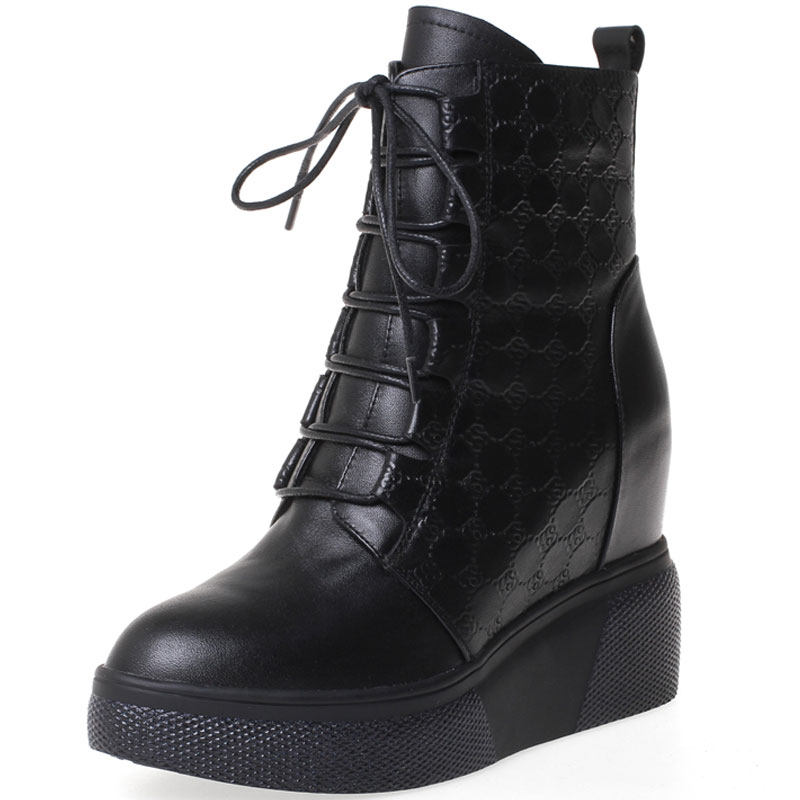 MENG QI LEATHER INNER INCREASED 10CM SHORT BOOTS WOMENS SINGLE BOOTS THICK-SOLED HIGH-HEELED CASUAL AND ANKLE BOOTS COTTON SHOES WINTER PLUS VELVET