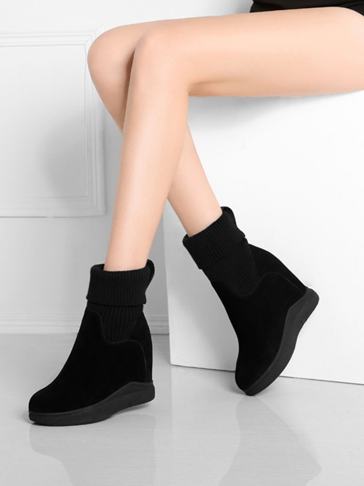 MENG QI AUTUMN AND WINTER LEATHER HIGH-RISE SHORT BOOTS WOMENS SHOES KOREAN WILD THICK-SOLED ELASTIC BOOTS MEDIUM TUBE LARGE COTTON WOOL BOOTS