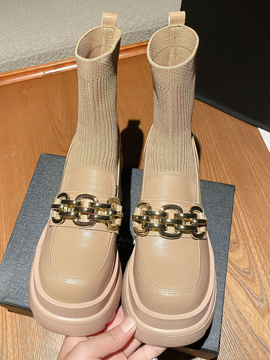 FALL-WINTER 2025 HIGH HEEL 10CM BOOTIES WOMENS BRITISH-STYLE STRETCH KNIT SOCK BOOTS LEATHER BLOCK HEEL MARTIN BOOTS