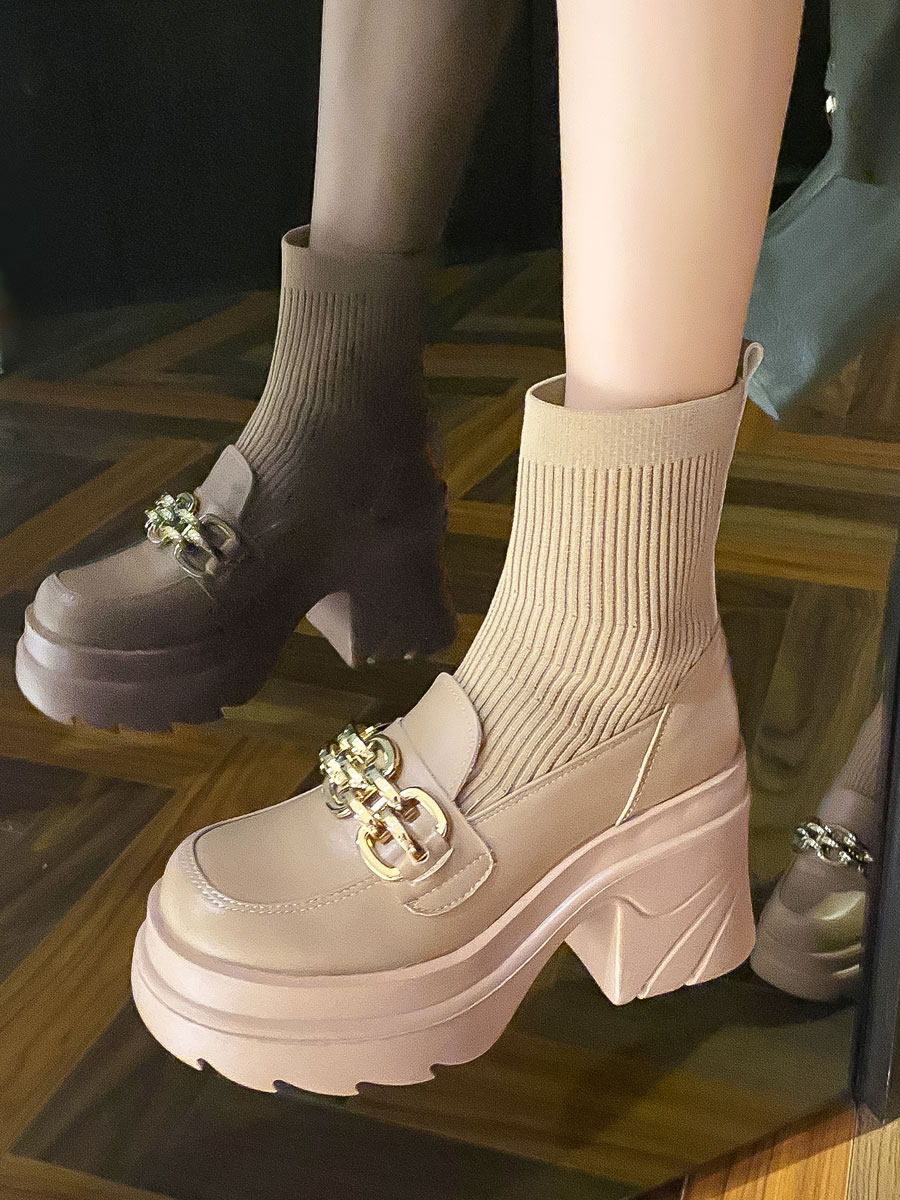 FALL-WINTER 2025 HIGH HEEL 10CM BOOTIES WOMENS BRITISH-STYLE STRETCH KNIT SOCK BOOTS LEATHER BLOCK HEEL MARTIN BOOTS