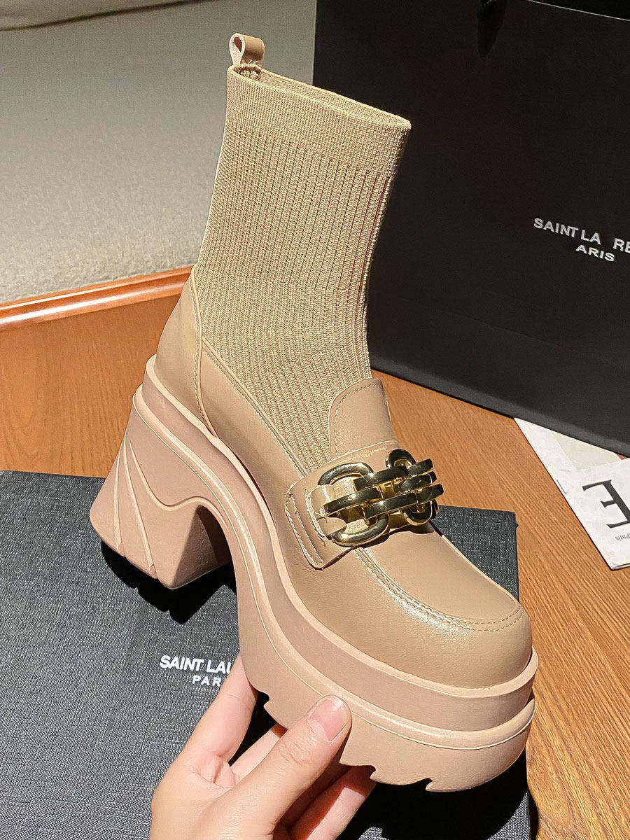 FALL-WINTER 2025 HIGH HEEL 10CM BOOTIES WOMENS BRITISH-STYLE STRETCH KNIT SOCK BOOTS LEATHER BLOCK HEEL MARTIN BOOTS