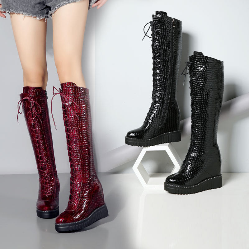 CASUAL AUTUMN AND WINTER NEW SNAKE PATTERN SINGLE BOOTS PATENT LEATHER INNER HEIGHT 10CM LONG BOOTS HIGH TUBE BUT KNEE HIGH HEEL WOMENS BOOTS