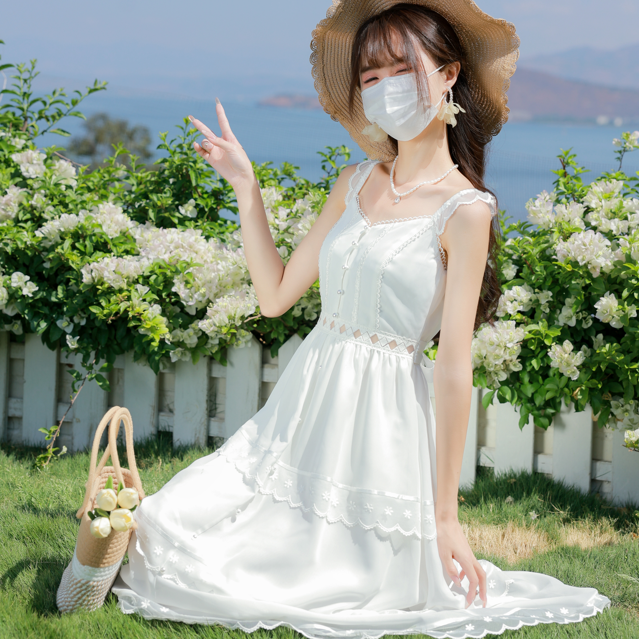 白月光甜美度假风花边长裙雪纺