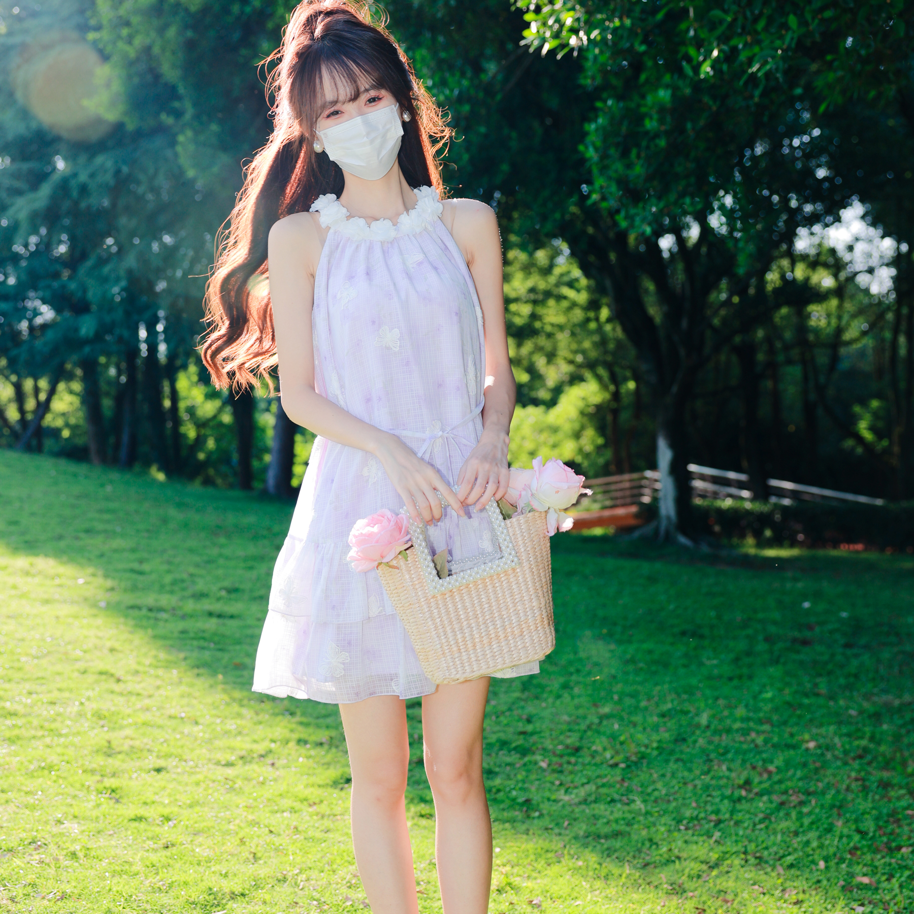 花崎鹿原创仙气挂脖连衣裙花间蝶梦夏季甜美少女短裙宽松紫色度假