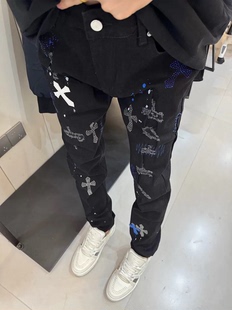 潮 男百搭宽松直筒痞帅潮牌休闲微喇烫钻长裤 美式 高街十字架牛仔裤