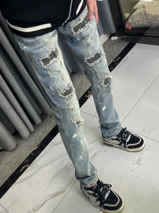 重工烫钻直筒泼墨牛仔裤男女网红潮牌破洞高街痞帅修身小脚裤长裤