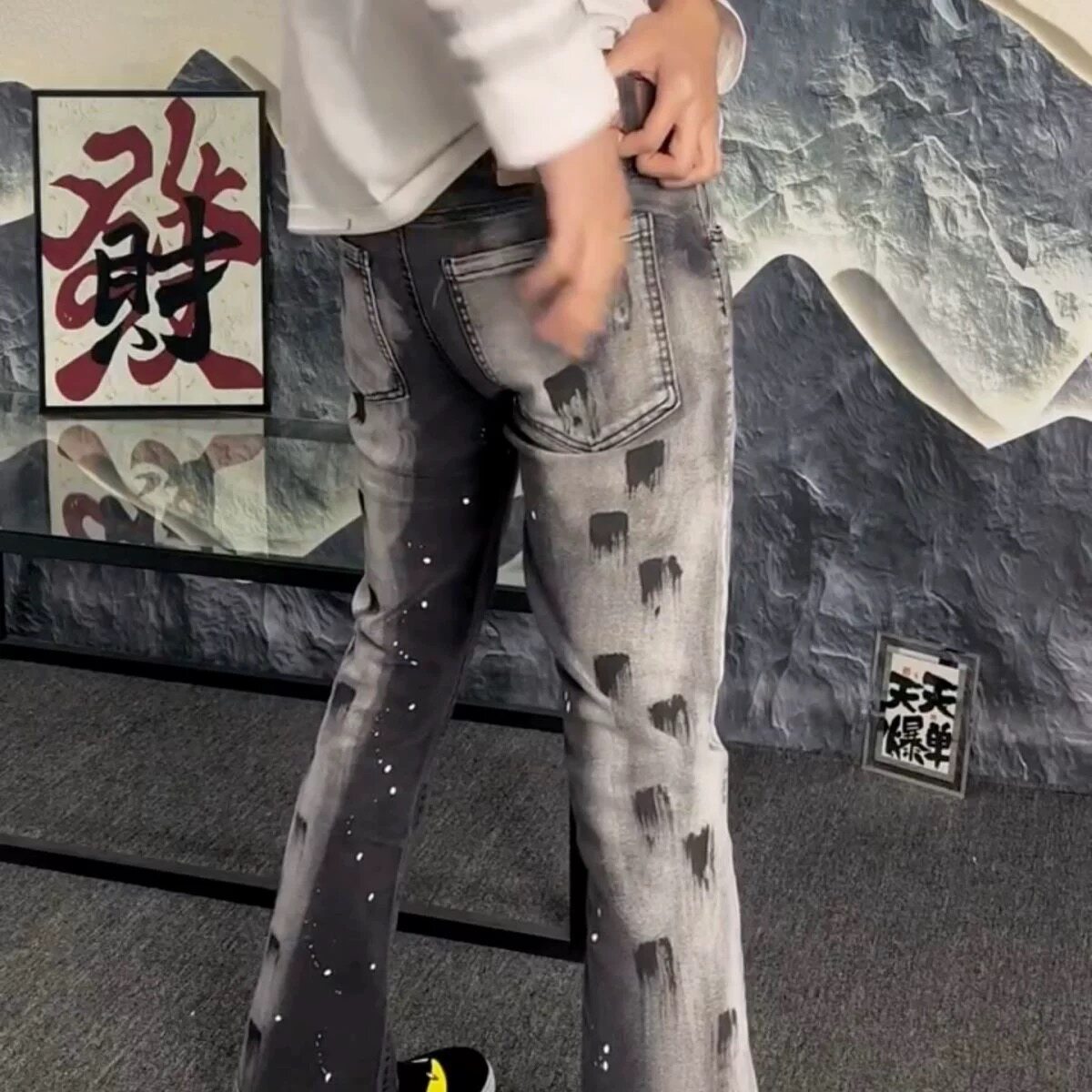 网红美式高街pu泼墨喷漆弹力牛仔裤男百搭痞帅潮牌休闲微喇长裤潮