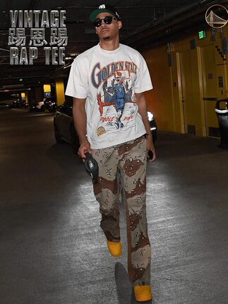 踢恩踢 POOLE普尔 46春夏勇士篮球美式印花宽松棉小领口短袖T恤男