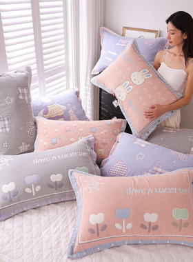 高密纯棉纱布按扣枕套一对装全棉枕头套卡通四季通用不脱落枕芯套