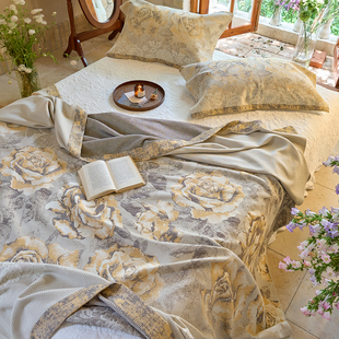 100%纯棉纱布床盖毯三件套全棉双人可铺可盖柔软午睡空调毯毛巾被