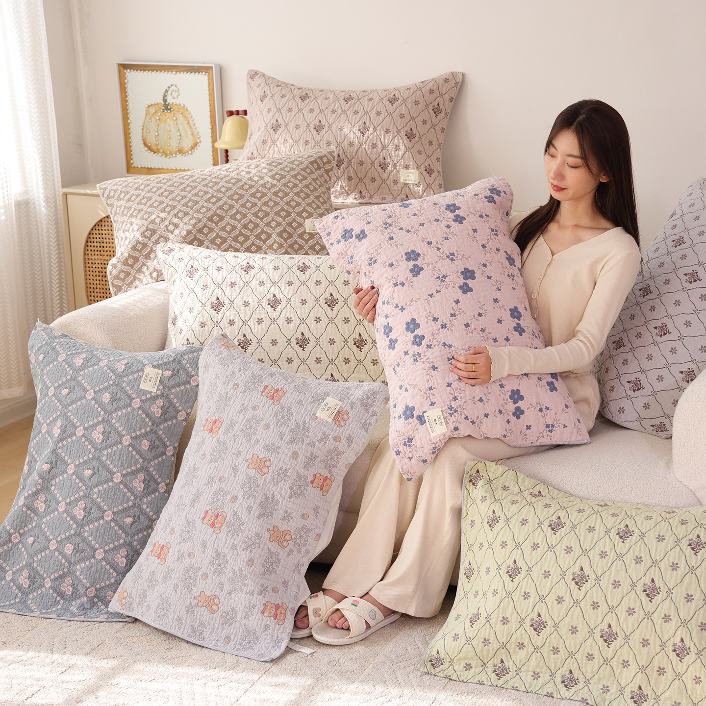 100%纯棉纱布枕巾一对装简约全棉柔软成人枕头巾吸汗透气家用盖巾