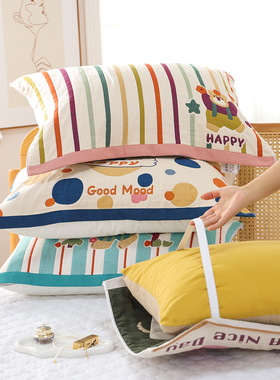 八层纯棉纱布绑带枕巾一对装加厚防滑不脱落柔软透气全棉枕头盖巾