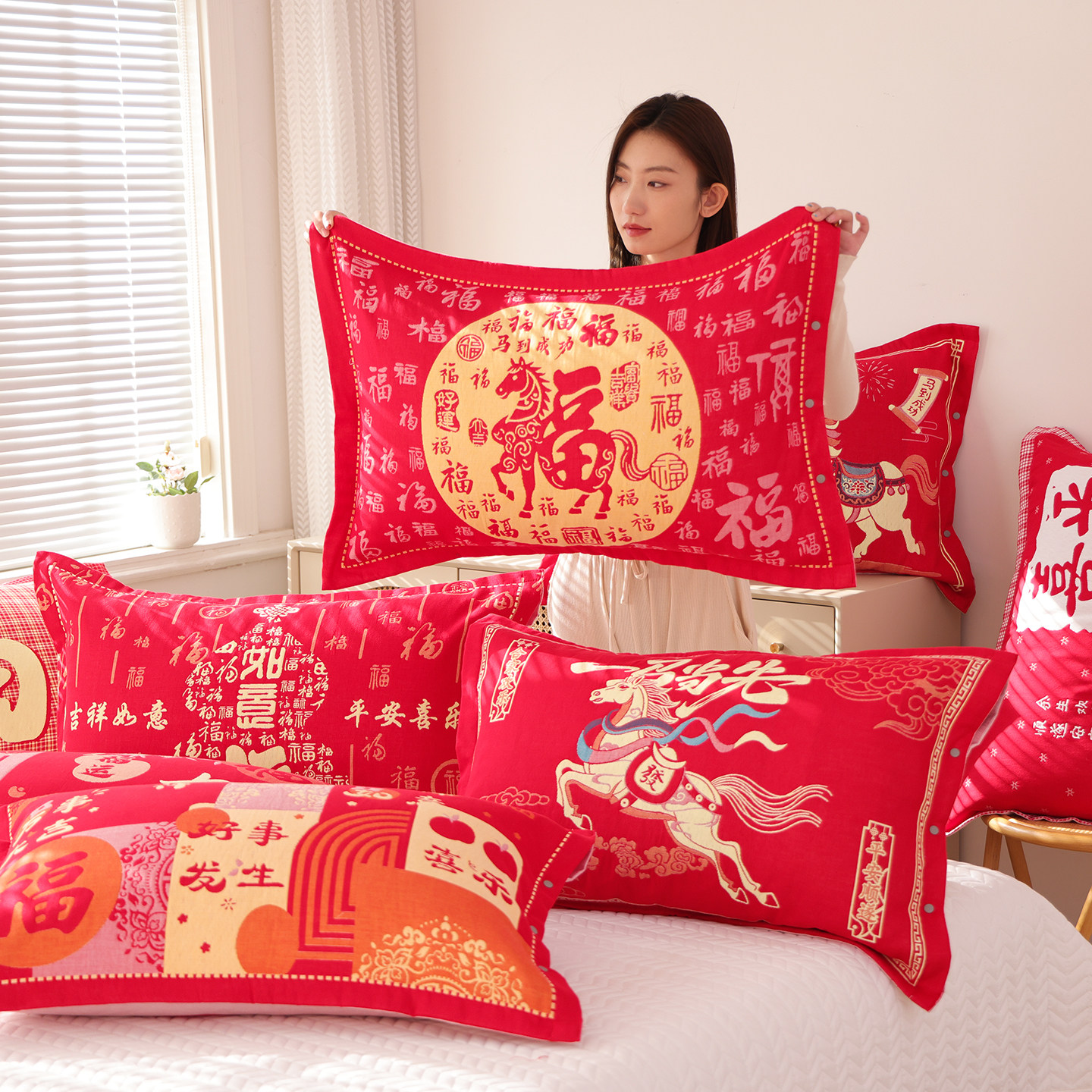 新年大红纯棉纱布枕套全棉福字按扣枕芯内胆套喜庆结婚马年枕头套,床上用品,枕套,淘宝优惠券,粉丝福利购,淘宝优惠卷