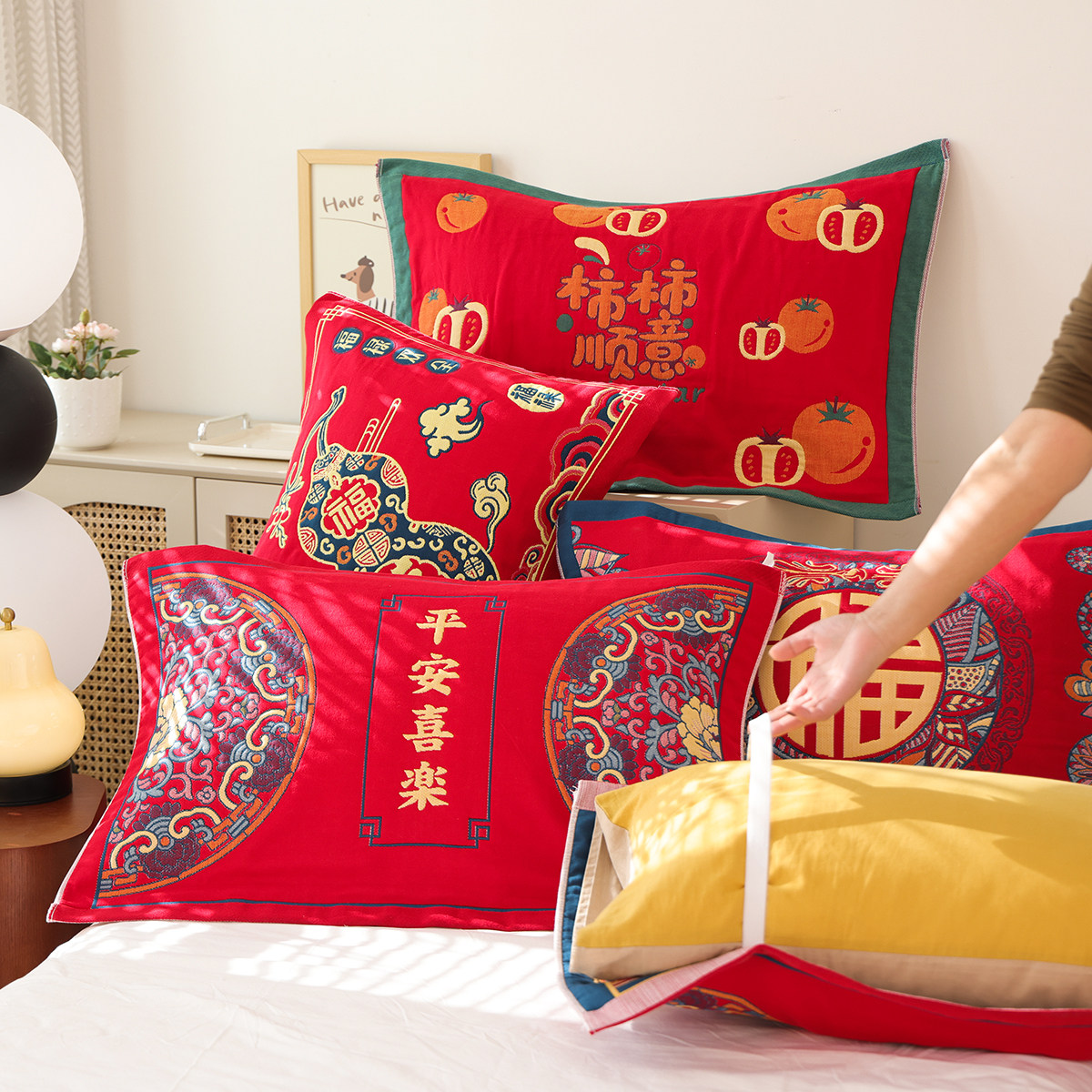 绑带喜庆八层纯棉纱布枕巾家用防滑不脱落情侣新年款全棉枕头盖巾,床上用品,枕巾,淘宝优惠券,粉丝福利购,淘宝优惠卷