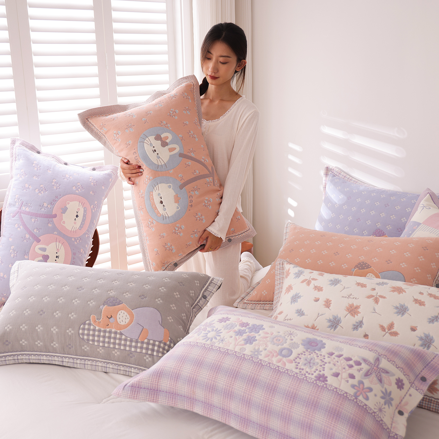 按扣纯棉纱布加厚枕套成人透气吸汗枕头套全棉提花四季柔软枕芯套