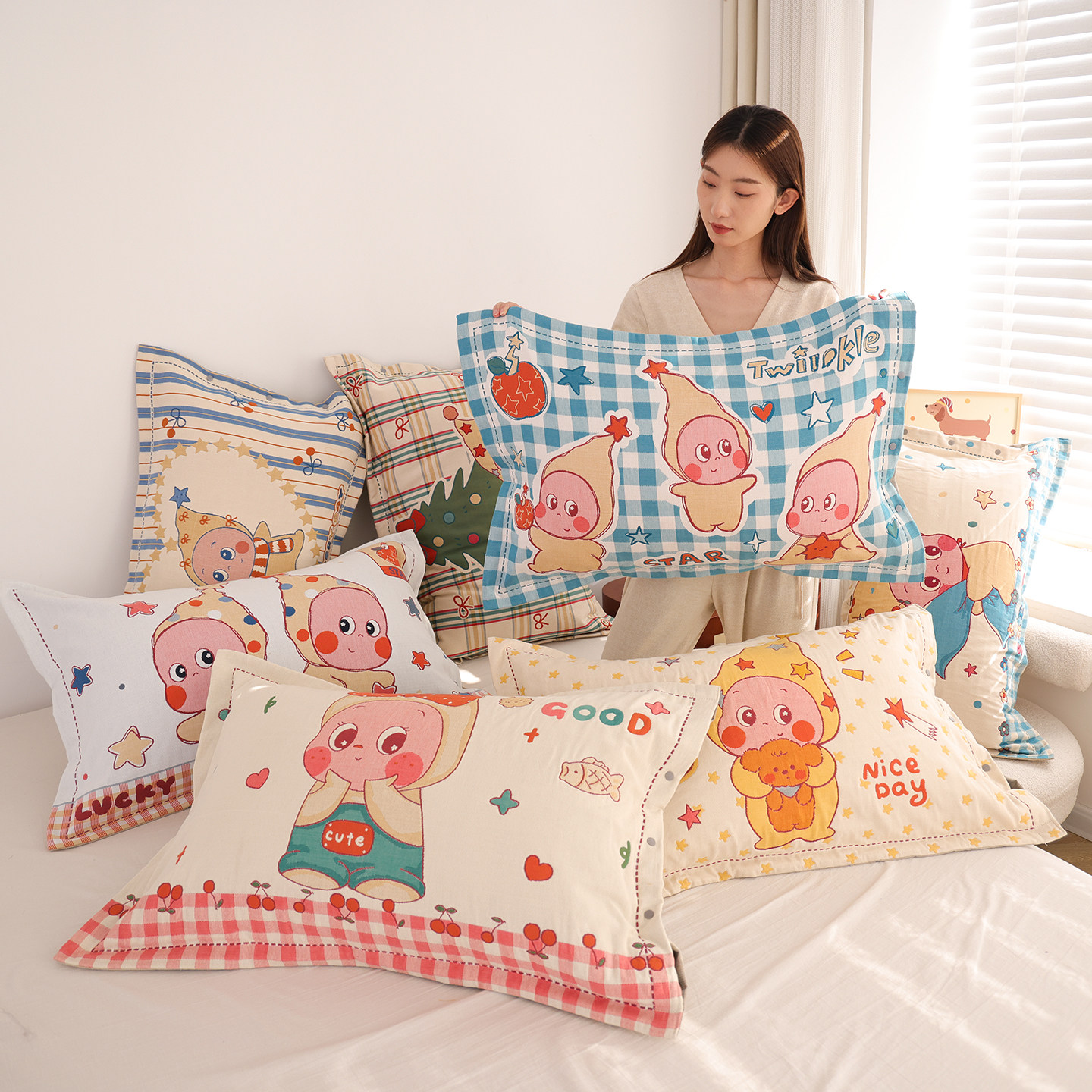 按扣式纯棉纱布卡通枕套一对装四季全棉枕头套吸汗透气枕芯内胆套