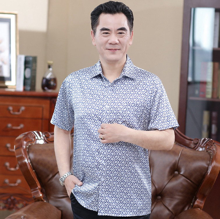 2021年夏桑蚕丝男士短袖衬衫商务休闲宽松衬衣中老年真丝半袖免烫