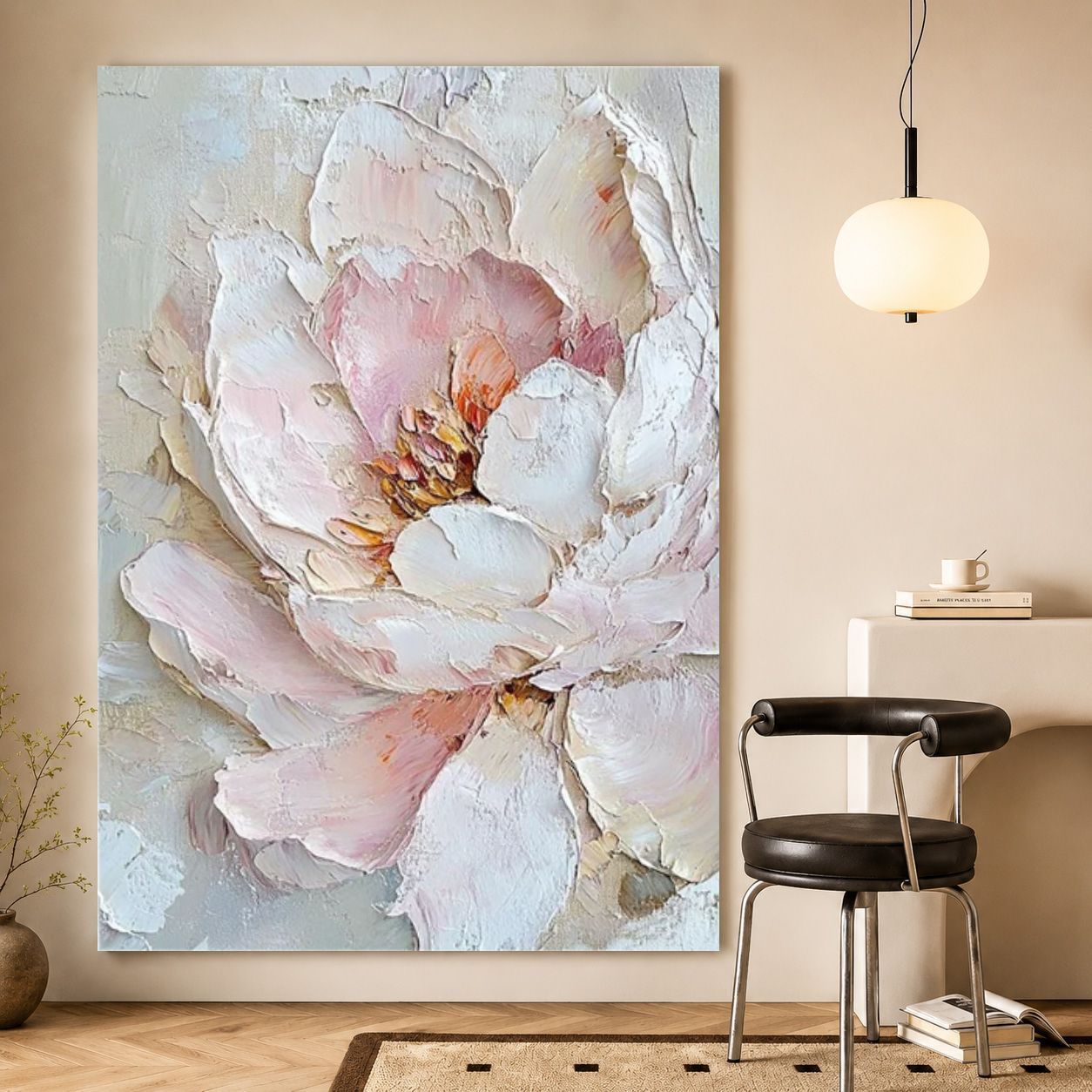 奶油风牡丹花手绘油画客厅装饰画