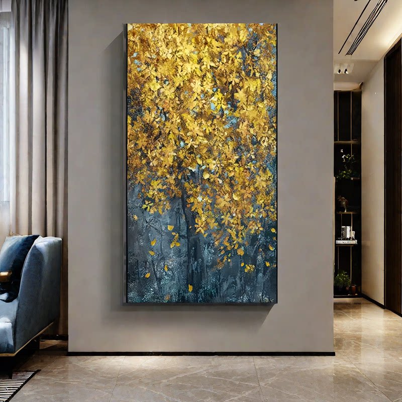 发财树手绘油画入户玄关装饰画大芬村油画客厅餐厅高级感挂画成品