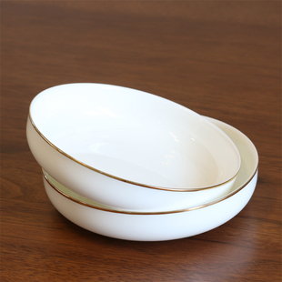 超深盘家用菜盘骨瓷莎拉盘微波陶瓷蒸蛋碗汤盘大容量创意金边北欧