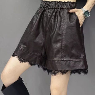 胖mm显瘦休闲短裤 咖色蕾丝拼接PU皮阔腿裤 女装 大码 秋冬松紧腰靴裤