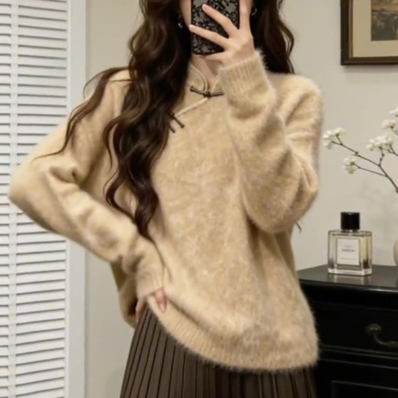 新中式微胖mm盘扣立领减龄毛衣女2025秋冬大码慵懒风宽松显瘦小衫,女装/女士精品,大码内搭,淘宝优惠券,粉丝福利购,淘宝优惠卷